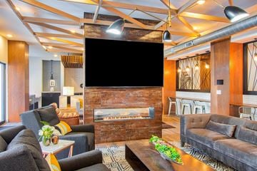 St Louis apartment for rent - a living room with couches and a fireplace and a large television