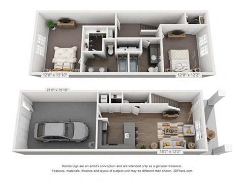 Floor plan for 2 beds, 2.5 baths, 1202 sqft