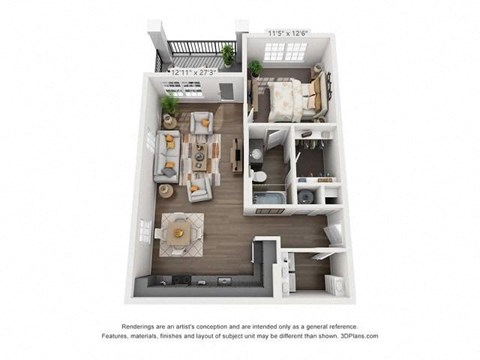 Floor plan for 1 bed, 1 bath, 770 sqft
