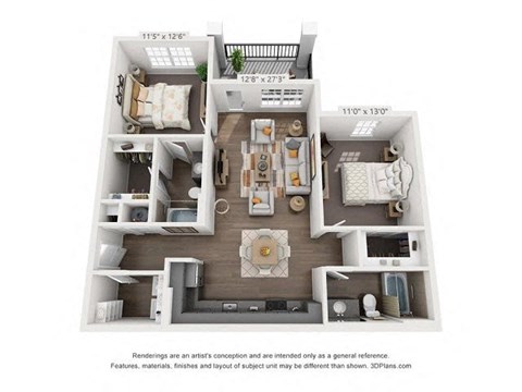 Floor plan for 2 beds, 2 baths, 1038 sqft