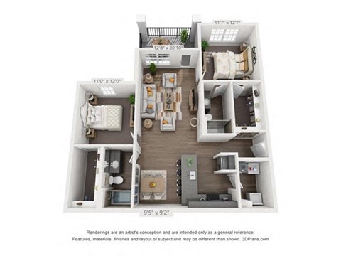 Floor plan for 2 beds, 2 baths, 1122 sqft