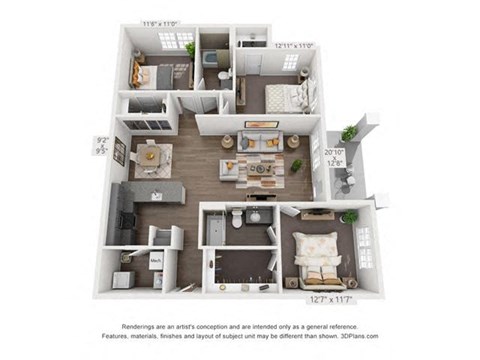 Floor plan for 3 beds, 2 baths, 1276 sqft