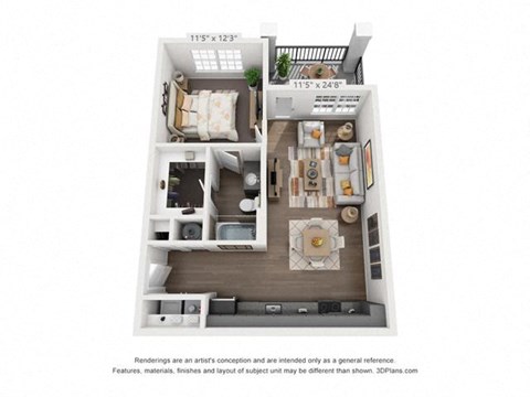 Floor plan for 1 bed, 1 bath, 679 sqft