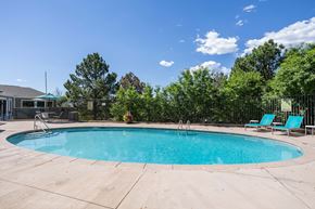 Colorado Springs apartment for rent - a swimming pool with blue chairs and trees and a house in the background