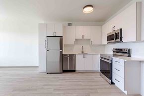 Castle Rock apartment for rent - an empty kitchen with white cabinets and stainless steel appliances