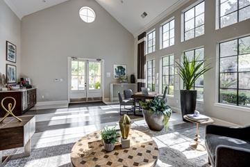 San Antonio townhouse for rent - A sunny living room with a checkered table in the middle.