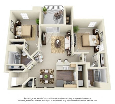 Floor plan for 2 beds, 2 baths, 973 sqft