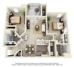 Floor plan for 2 beds, 2 baths, 973 sqft