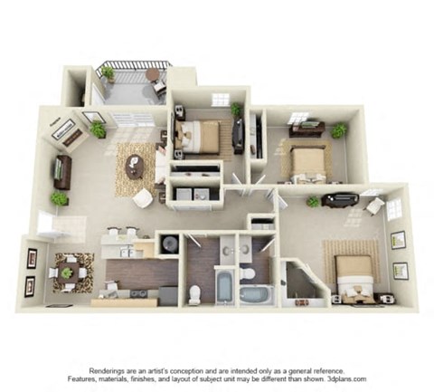 Floor plan for 3 beds, 2 baths, 1452 sqft