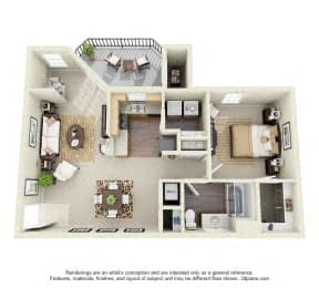 Floor plan for 1 bed, 1 bath, 791 sqft