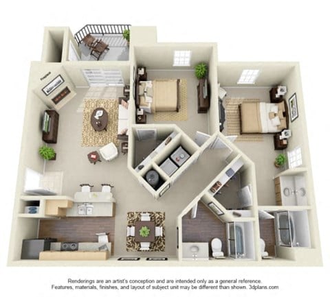 Floor plan for 2 beds, 2 baths, 1131 sqft