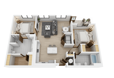 Floor plan for 2 beds, 2 baths, 1158 sqft