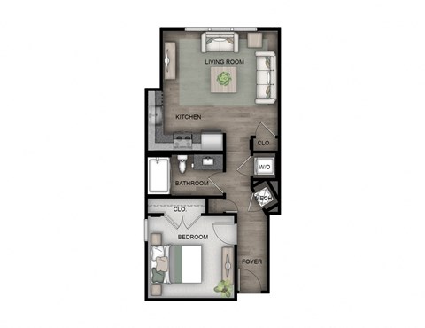 Floor plan for 1 bed, 1 bath, 619 sqft
