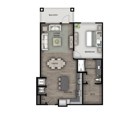 Floor plan for 1 bed, 1 bath, 894 sqft