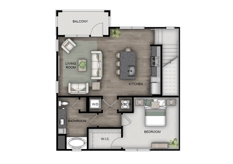 Floor plan for 1 bed, 1 bath, 879 sqft