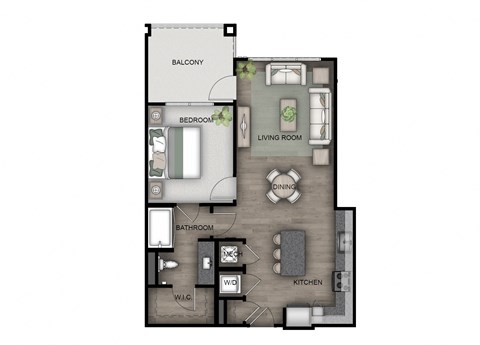 Floor plan for 1 bed, 1 bath, 761 sqft
