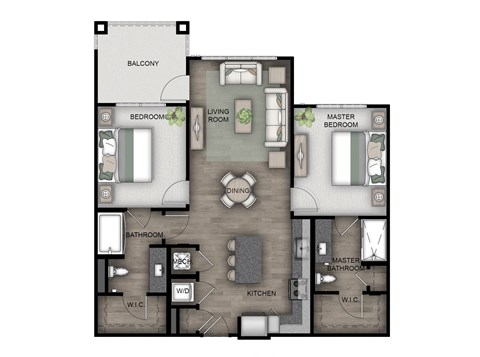 Floor plan for 2 beds, 2 baths, 1026 sqft