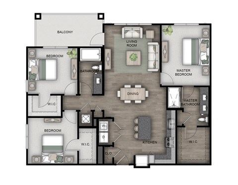 Floor plan for 3 beds, 2 baths, 1391 sqft