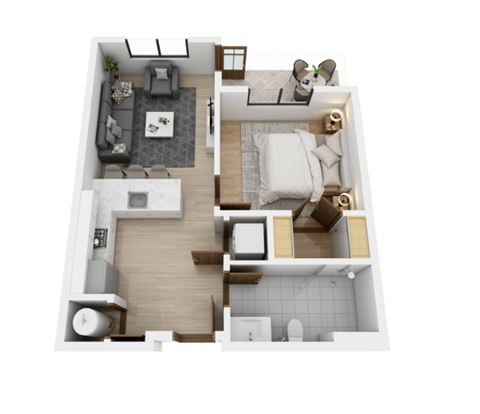 Floor plan for 1 bed, 1 bath, 599 sqft