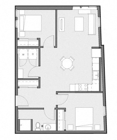 Floor plan for 2 beds, 1 bath, 885 sqft