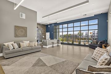 Albuquerque apartment for rent - A spacious living room with a grey sofa and a large rug.