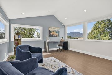 Colorado Springs apartment for rent - A living room with blue chairs and a painting on the wall.