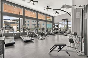 Colorado Springs apartment for rent - A spacious gym with a variety of equipment including treadmills, weight machines, and a bench press.