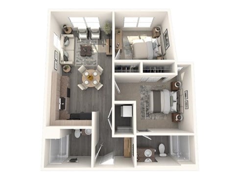 Floor plan for 2 beds, 2 baths, 748 sqft