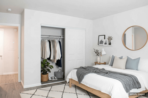 Sparks apartment for rent - A bedroom with a bed, a mirror, a plant, and a wardrobe.