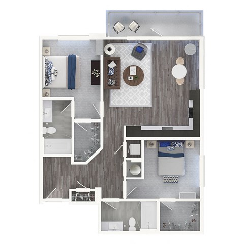 Floor plan for 2 beds, 2 baths, 1075 sqft