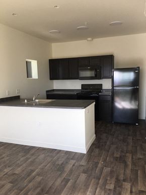 Albuquerque apartment for rent - A kitchen with black cabinets and a black fridge.