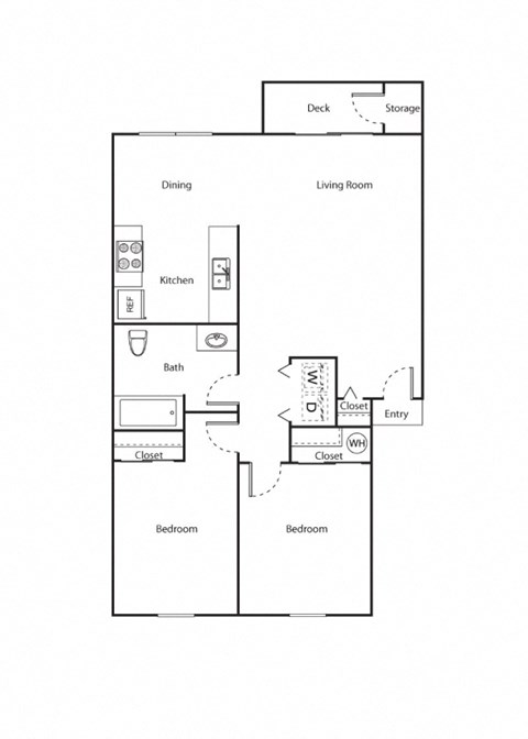 Floor plan for 2 beds, 1 bath, 844 sqft