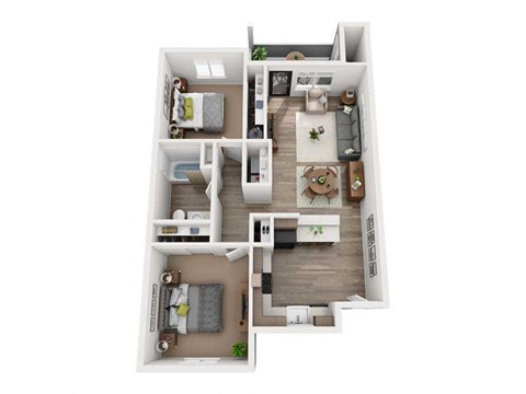 Floor plan for 2 beds, 1 bath, 890 sqft