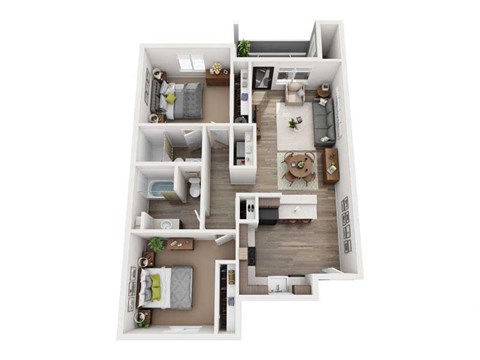 Floor plan for 2 beds, 2 baths, 965 sqft