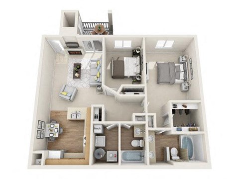 Floor plan for 2 beds, 2 baths, 1033 sqft