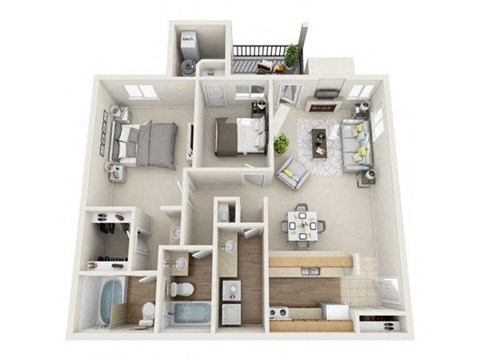 Floor plan for 1 bed, 2 baths, 911 sqft