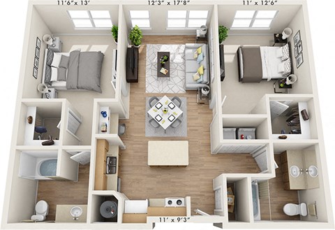 Floor plan for 2 beds, 2 baths, 1085 sqft