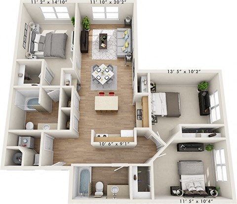 Floor plan for 3 beds, 2 baths, 1258 sqft