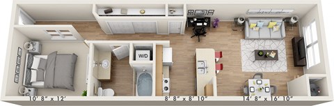 Floor plan for 1 bed, 1 bath, 726 sqft