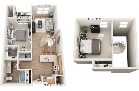 Floor plan for 2 beds, 1 bath, 879 sqft