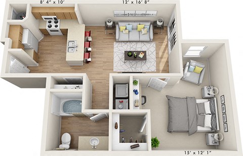 Floor plan for 1 bed, 1 bath, 695 sqft