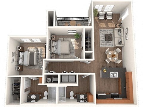 Floor plan for 2 beds, 2 baths, 1037 sqft