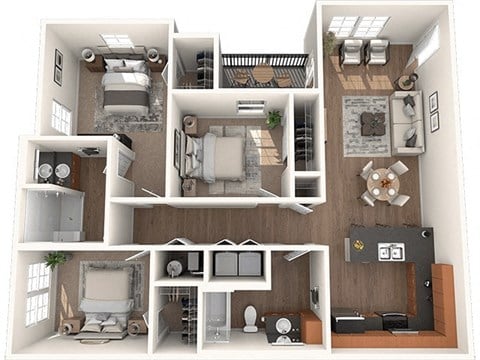 Floor plan for 3 beds, 2 baths, 1216 sqft