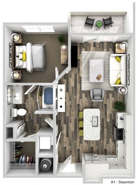Floor plan for 1 bed, 1 bath, 717 sqft