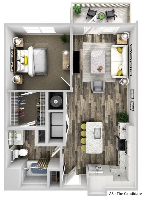 Floor plan for 1 bed, 1 bath, 791 sqft