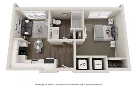 Floor plan for 1 bed, 1 bath, 463 sqft