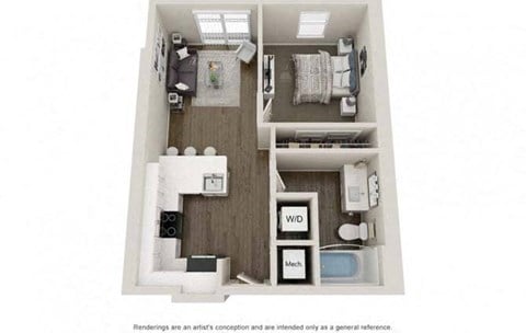 Floor plan for 1 bed, 1 bath, 598 sqft