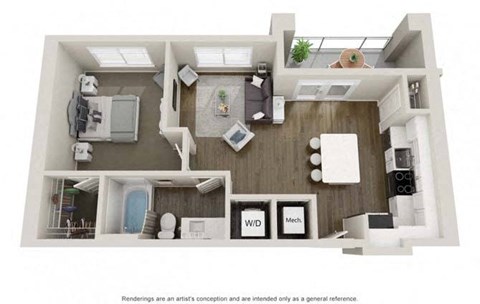 Floor plan for 1 bed, 1 bath, 652 sqft