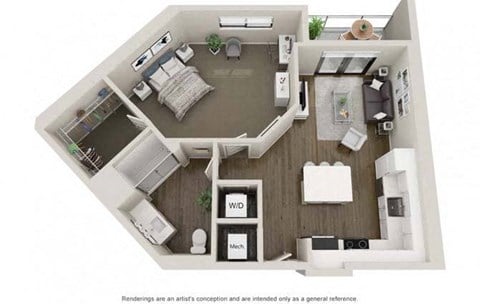 Floor plan for 1 bed, 1 bath, 727 sqft