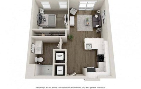 Floor plan for 1 bed, 1 bath, 640 sqft